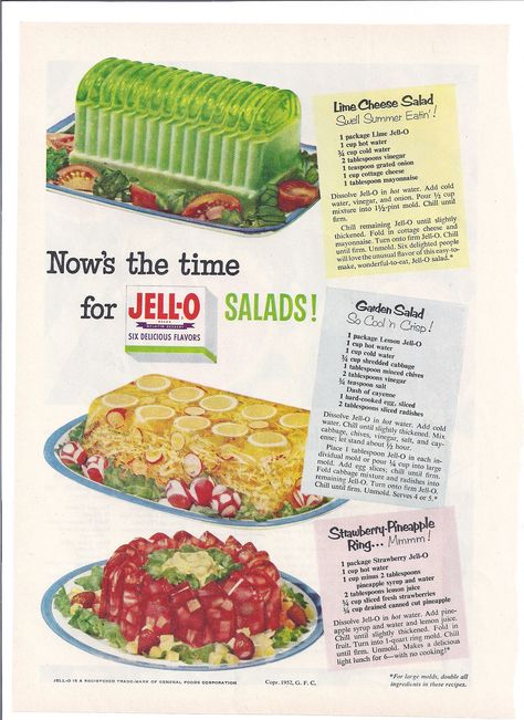 Jello Salads - Vintage Good Housekeeping Magazine - July, 1952...I can remember trying these salads at family events when I was a child. Jello Salads, Jello Desserts, Jello Salad, Popular Desserts, Jello Recipes, Vintage Cooking, Jell O, Cheese Salad, Food O