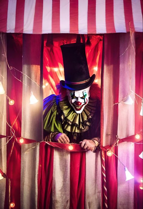 Dark Circus Party, Halloween Freakshow Ideas, Evil Circus Creepy Carnival, Creepy Circus Aesthetic, Haunted Circus Decorations, Paranormal Cirque, Halloween Circus Theme, Evil Circus, Circus Core