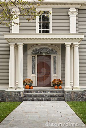 Front Door with Front Porch and Pillars by Dpproductions, via Dreamstime Colonial Front Door, Porch Pillars, Portico Design, Custom Exterior Doors, Exterior Door Designs, Colonial House Exteriors, Exterior House Colors Combinations, Exterior Doors With Glass, Colonial Exterior