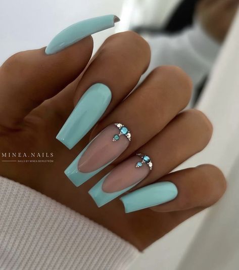 Teal Nail Designs, Coffin French, Blue Coffin Nails, Teal Nails, Turquoise Nails, French Tip Nail Designs, Nails Today, Smink Inspiration, White Nail