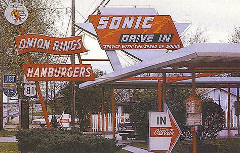 Sonic Drive In. We actually had one in Cairo 1978 Sonic Drive In, Vintage Diner, Speed Of Sound, American Diner, Restaurant Signs, Vintage Restaurant, Old Signs, The Good Old Days, Drive In