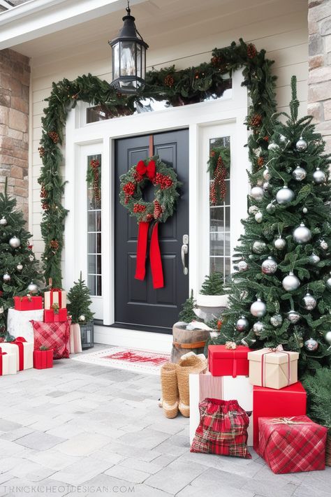 26 Christmas Outdoor Decor Ideas » HomeQly.com Front Step Christmas Decor, Step Christmas Decor, Porch Decorating Christmas, Doorstep Decor, Christmas Outdoor Decor Ideas, Porch Decoration Ideas, Christmas Porch Decorations, Christmas Porch Decorating Ideas, Porch Decor Christmas