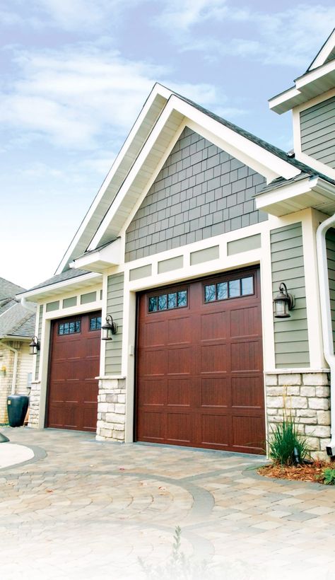 Short Panel Carriage Residential Garage Door | Midland Garage Door Side Hung Garage Door, Garage Doors Makeover, Garage Man Door, Brown Garage Doors, Brown Garage Door, Farmhouse Paint Colors Interior, Exterior Home Colors, Single Garage Door, Garage Door Types