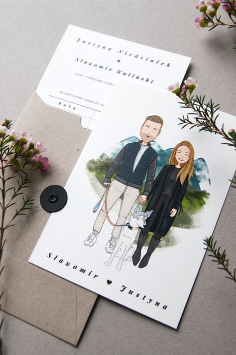 Wedding invitations — BLANKA BIERNAT Rustic Wedding Invites, Quirky Invitations, Illustrated Family Portrait, Illustrated Wedding Invitations, Custom Portrait Illustration, Bespoke Wedding Invitations, Surprises For Her, Personalised Wedding Invitations, Etsy Wedding Invitations