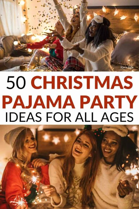 Have a blast at your next holiday party with these fun Christmas pajama party ideas! Get cute ideas for kids and adults-only parties! Pjs Outfits Christmas, Pajama Party Christmas Theme, Winter Pajama Party, Girls Pajama Party Ideas, Toddler Pajama Party, Holiday Pj Party, Slumber Party Set Up, Nye Pajama Party Ideas, Pajama Christmas Party Ideas