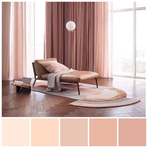 A very subtle monochromatic colour scheme of blush, nude and tinted peach hues. Colour palette by Zena O’Connor featuring an image from Kendix Studio, Netherlands. Monochromatic Colors Interior Design, Peach Color Interior Design, Monochromatic Color Scheme Interior, Pink Brown Interior, Monochromatic Colour Scheme Interior, Curtain Color Ideas Colour Schemes, Pink Monochrome Color Palette, Tan With Pink Undertones Paint, Muted Salmon Color