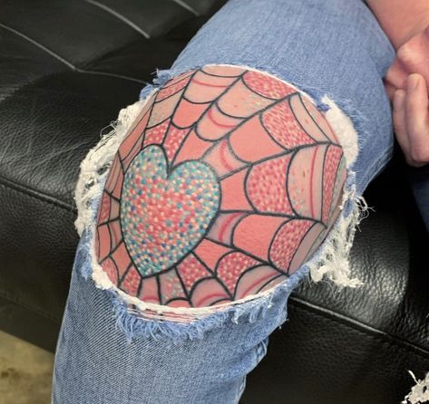 Pink Spider Tattoo, Web Elbow Tattoo, Heart Spiderweb, Heart Spider Web, Heart Spider, Elbow Tattoo, Elbow Tattoos, Spider Tattoo, Knee Tattoo