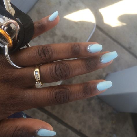 Matte sky blue with diamond accent Sky Blue White Nails, Pale Blue Gel Nails, Pale Blue Dip Nails, Pale Blue And Silver Nails, Pale Blue Sparkle Nails, Pale Blue, Blue Nails, Blue Sky, Nails