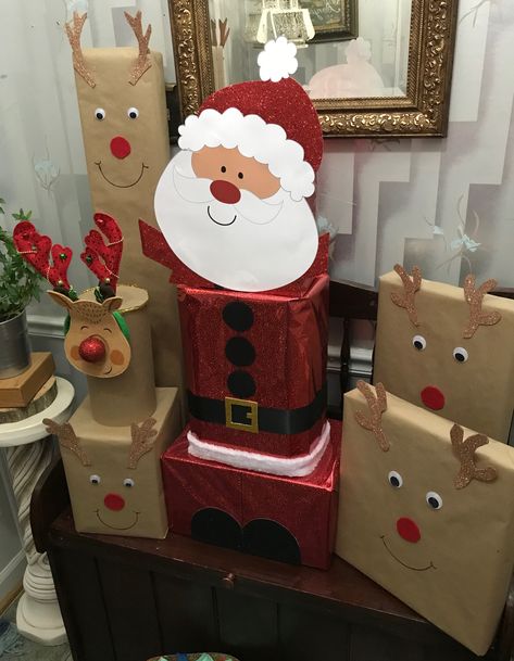 Presents From Santa Wrapping, Reindeer Boxes For Christmas, Reindeer Gift Tower, Reindeer Tower Present, Reindeer Presents Tower, Christmas Wrapping For Kids, Reindeer Wrapped Presents, Christmas Wrapping Ideas For Kids, Ways To Wrap Christmas Gifts