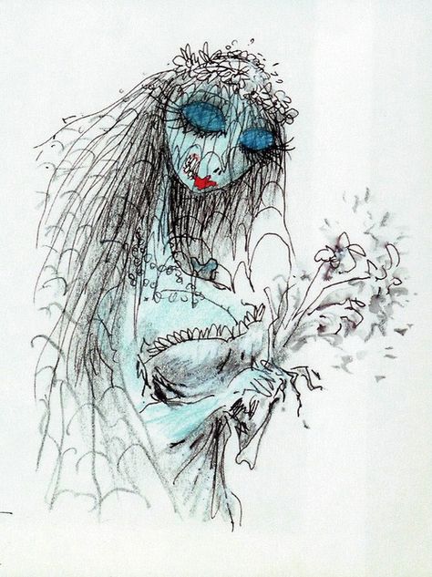 Corpse Bride character sketch by Tim Burton Drawing Of Corpse Bride, Tim Burton Drawings Style Illustrations, Corpse Bride Concept Art, Tim Burton Drawings Corpse Bride, Tim Burton Artwork Style, Corpse Bride Characters, Tim Burton Sketches, Tim Burton Original Artwork, Tim Burton Original Sketches