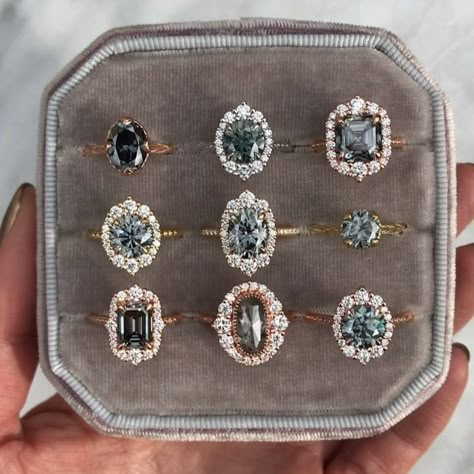 Kristin Coffin Jewelry on Instagram: “Thursday roundup of all things grey. 🌚🖤🌚 . . . . #ValentinaKCJ #RosalindKCJ #SofiaKCJ #EmersonKCJ #SiennaKCJ #greymoissanite…” Kristin Coffin Jewelry, Trendy Wedding Rings, Grey Diamond Engagement Ring, Coffin Jewelry, Grey Moissanite, Grey Jewelry, Blue Wedding Rings, Wedding Shoes Vintage, Gray Moissanite