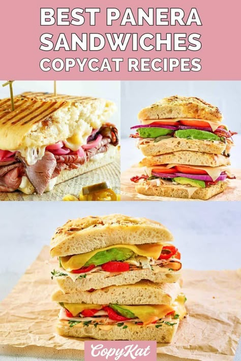 If you enjoy Panera Bread and want to recreate their famous sandwiches at home, you're in luck! You can make the best Panera sandwiches that taste just like the real thing. Find recipes for chicken, steak, turkey and vegetarian sandwiches. Great for lunch or dinner, these copycat Panera sandwich recipes are sure to be a favorite. Panera Sandwich Recipes, Famous Sandwiches, Panera Sandwiches, Panera Bread Recipes, Chicken Panini Sandwiches, Panera Recipes, Teacher Lunch, Flatbread Sandwiches, Restaurant Recipes Famous