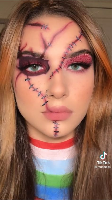 Chucky Halloween Costume Makeup, 2023 Halloween Makeup Ideas, Women Chucky Makeup, Chucky Scary Makeup, Chunky Makeup Halloween, Spooky Makeup Easy, Chucky Inspired Makeup, Halloween Chucky Makeup, Chuckie Costume For Women