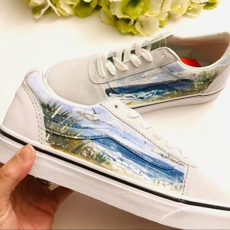 Vans hand painted w ocean seascape size 8 new | Etsy Painted Vans Slip On, Custom Painted Vans, Tan Vans, Checkered Shoes, Old Skool Platform, Vans Yellow, Painted Vans, Painted Sneakers, Checkered Vans