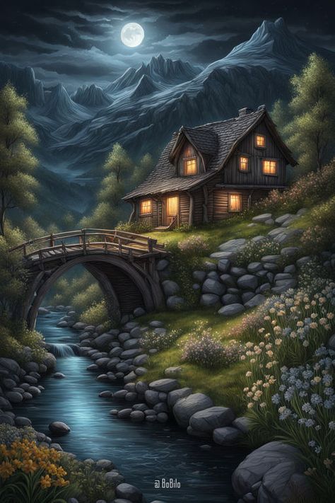 Dark fantasy: Night mountain landscape with a charismatic house by the river Mountain House Fantasy Art, House In The Mountains Aesthetic, The Mountains Aesthetic, House Fantasy Art, House By The River, Fantasy Night, Fantasy Houses, Soul Energy, Mountains Aesthetic