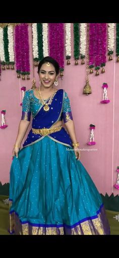 Simple Pattu Half Saree, Traditional Look In Half Saree, Blue Pattu Half Saree, Blue Half Saree South Indian, Blue Half Saree Designs, Blue Lehenga Color Combinations, Blue Pattu Lehenga Half Saree, Best Half Saree Combination, Blue Colour Half Sarees