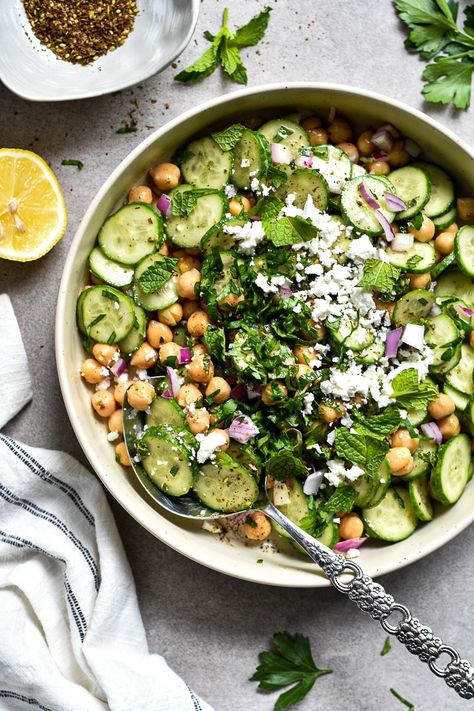 Easy Cucumber and Chickpea Salad - UncomplicatedChef Chickpea Cucumber Salad, Cucumber Salad Recipes, Breakfast Goals, Crazy Laura, Make Ahead Salads, Asian Cucumber Salad, Feta Cheese Salad, Super Salads, Orzo Pasta Salad