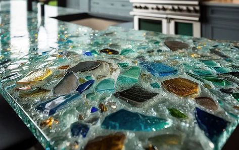 crushed glass countertops crack 2 Creative Countertop Ideas, Crushed Glass Countertops, Glass Kitchen Countertops, Epoxy Resin Countertop, Custom Garage Cabinets, Recycled Glass Countertops, Glass Countertop, Cement Table, Resin Countertops