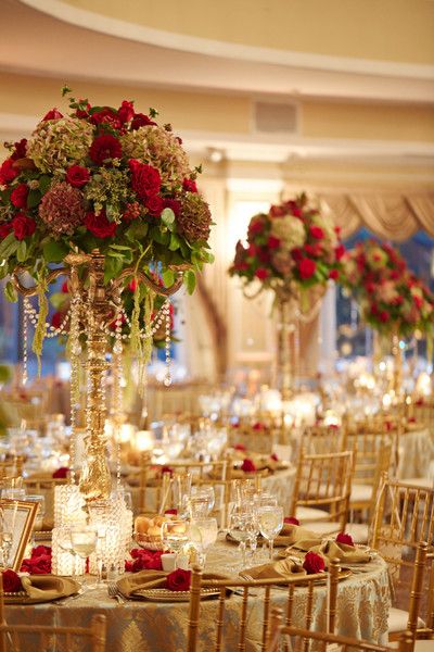 My Photo Album Wedding Reception Photos on WeddingWire Wedding Reception Tablescapes, Red Gold Wedding, Gold Reception, Beauty And Beast Wedding, Wedding Colors Red, Red Wedding Theme, Quince Decorations, Reception Tablescapes, Quinceanera Decorations