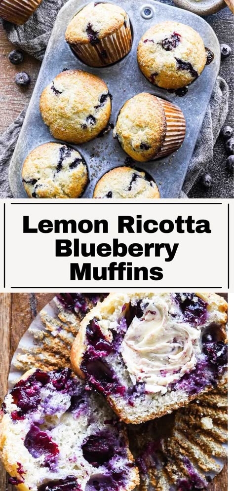 Blueberry And Ricotta Recipes, Lemon Blueberry Ricotta Bread, Healthy Ricotta Recipes Clean Eating, Blueberry Muffins With Ricotta Cheese, Blueberry Ricotta Recipes, Lemon Ricotta Muffins Healthy, Lemon Ricotta Muffins Giada, Ricotta And Blueberries, Ricotta Cupcake Recipes