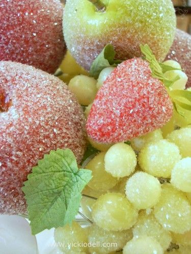 Foam fruit, mod podge Fruit Christmas Decorations, Faux Pies, Fake Fruit Decor, Sugared Fruit, Fruit Christmas, Fruit Diy, Fruit Centerpieces, Fake Food Props, Fruit Ornaments