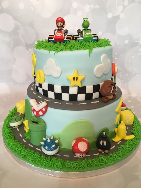 Super Mario Race Track Cake, Mariokart Birthday Cakes, Mario Kart Birthday Cake, Super Mario Rainbow Road Cake, Mario Kart Rainbow Road Birthday Cake, Mario Kart Cake Buttercream, Super Mario 2 Tier Cake, Super Mario Tiered Cake, Race Track Cake