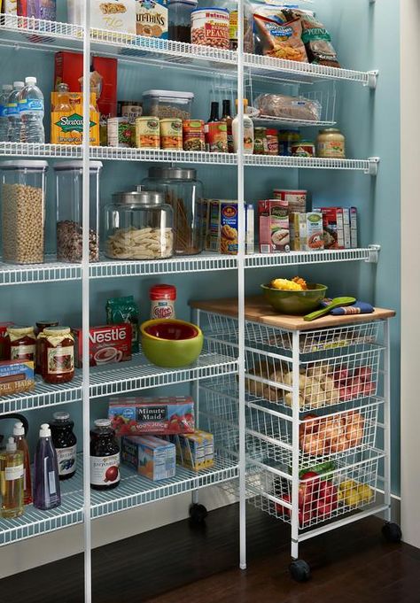 Wire shelving gives your pantry an open feeling, helping the space feel larger. Family Pantry Organization, Large Pantry Ideas, Stand Alone Kitchen Pantry, Kitchen Pantry Shelves, Wire Pantry Shelves, Utility Pantry, Walk In Pantry Ideas, Garage Pantry, Closet Maid