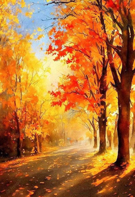 Fall Landscape Paintings Autumn, Autumn Forest Art, Autumn Painting Acrylic, Autumn Watercolor Paintings, Autumn Art Painting, Autumn Painting Ideas, Fall Forest Painting, Fall Trees Painting, Autumn Trees Painting