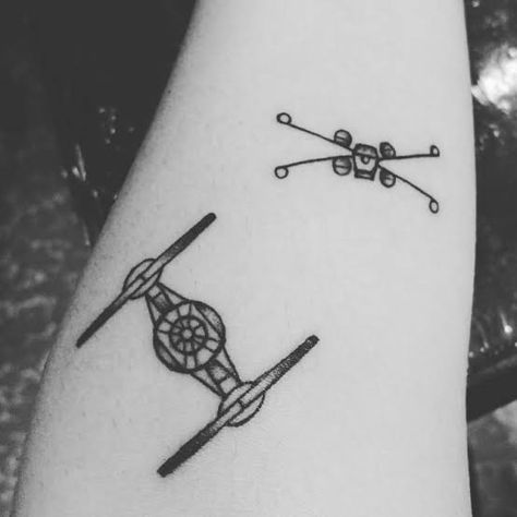 X Wing Fighter Tattoo, Star Wars Ships Tattoo, Star Wars Ship Tattoo, Star Wars Tattoo Small Simple, Star Wars Matching Tattoos, Tie Fighter Tattoo, Simple Star Wars Tattoo, Ships Tattoo, Star Wars Tattoo Ideas