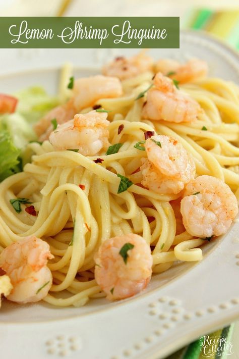 Lemon Shrimp Linguine - A quick and easy pasta recipe filled with shrimp, a light lemon and garlic sauce, and red pepper flakes for a little bite. Lemon Shrimp Linguine, Shrimp Linguine Recipe, Shrimp Linguini, Seafood Linguine, Lemon Pasta Recipes, Shrimp Pasta Recipe, Easy Pasta Recipe, Shrimp Linguine, Linguine Recipes