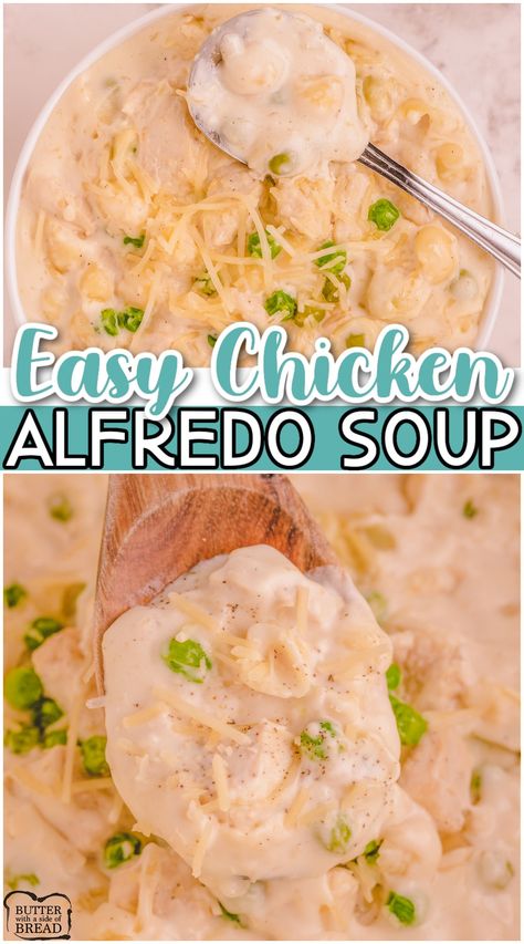 Chicken Broth Pasta, Chicken Alfredo Soup Recipe, Recipe With Chicken Broth, Chicken Alfredo Soup, Alfredo Soup, Easy Pasta Recipes Quick, Jarred Alfredo Sauce, Chicken Broth Soup, Pasta Veggies