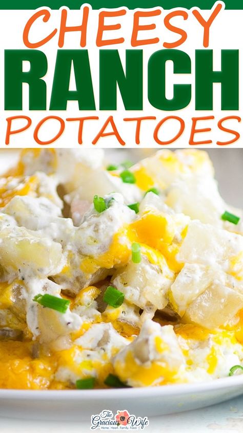 Creamy, Cheesy Ranch Potatoes are the ultimate comfort food recipe that everyone will love. Perfect for potlucks, holidays, and a crowd favorite dish to pass. Soft, warm potatoes covered in creamy ranch and cream cheese and topped with gooey melted cheddar. Cheesy Ranch Potatoes. It’s one of those recipes that just needs no introduction, but I’ll give it a short little one anyway. Imagine with me, will you? Comforting potatoes mixed with creamy cream cheese.. | @graciouswife #steaksidedish Creamy Ranch Potatoes, Dish To Pass Ideas, Potato Caserole, Ranch Potato Casserole, Dish To Pass, Ranch Potato Recipes, Cheesy Ranch Potatoes, Cream Cheese Potatoes, Comfort Meals