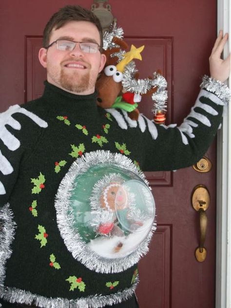 Snow Globe DIY Ugly Sweater | This ugly Christmas sweater inspired...and quite tacky. Make a snow globe for your sweater! Diy Ugly Sweater, Homemade Ugly Christmas Sweater, Snow Globe Diy, Diy Christmas Sweater, Globe Diy, Christmas Sweater Outfits, Ugly Sweater Diy, Diy Ugly Christmas Sweater, Tacky Christmas Sweater