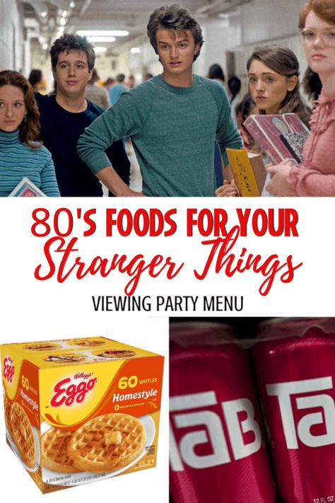 The 80s were amazing- even the foods! If you're planning a Stranger Things watching party, you'll want to add these foods from the 1980s to your list! Including, of course. Leggo Eggo Waffles. #strangerthings #1980s #80s #partymenus #strangerthingsparty Snacks From The 80s, 80s Inspired Party Food, Stranger Things Dinner Ideas, 80s Appetizers, Food For 80s Theme Party, Stranger Things Snacks Ideas, Stranger Things Food Recipes, 1980s Food Recipes, Recipes From The 1980s