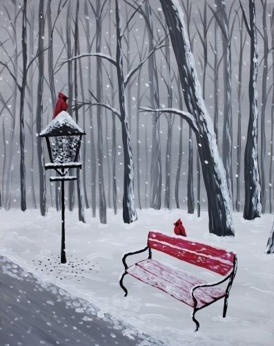 Winter Cardinals, Christmas Paintings On Canvas, Paint Nite, Cambridge Ma, Soyut Sanat Tabloları, Winter Painting, Snowy Winter, Christmas Canvas, Night Painting