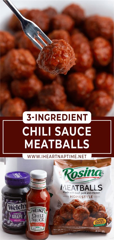 Grape jelly chili sauce meatballs are a delicious and easy dump-and-set crock pot recipe perfect for potlucks and parties. Made with just 3 ingredients including frozen meatballs, this juicy, saucy, sweet, and tangy meatball dish is always a crowd pleaser! Grape Jelly Cocktail Sauce Meatballs, Crockpot Meatballs Grape Jelly Chili, Chilli Sauce And Grape Jelly Meatballs, 3 Ingredient Sweet And Sour Meatballs, Chilli Meatballs Recipe, Sweet And Sour Meatballs Crockpot Grape Jelly And Chili Sauce, Chili Sauce Grape Jelly Meatballs, Diana Sauce Meatballs Crock Pot, Chili Grape Jelly Meatballs