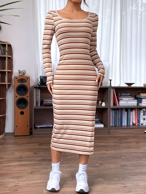 Mad Woman, Long Sleeve Striped Dress, Body Con Dress Outfit, Ribbed Bodycon Dress, Striped Knit Dress, Brand Dresses, Long Bodycon Dress, Simple Trendy Outfits, Outfit Aesthetic