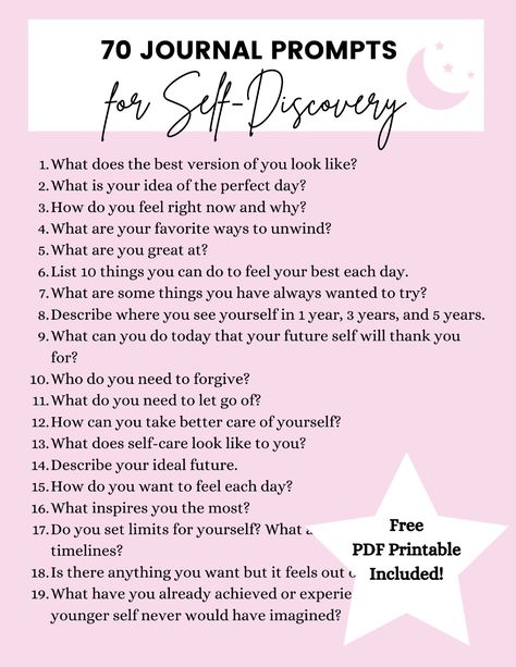 70 Self-discovery journal prompts to get to know yourself plus free pdf printable worksheet. Self-reflection and self-care through journal writing. #journalprompts #journaling #selfdiscovery #freeprintables #printablejournalprompts Prompts Art, Prompts For Self Discovery, Gray Headboard, Mindfulness Journal Prompts, Get To Know Yourself, Journal Questions, Daily Journal Prompts, Know Yourself, Self Care Bullet Journal