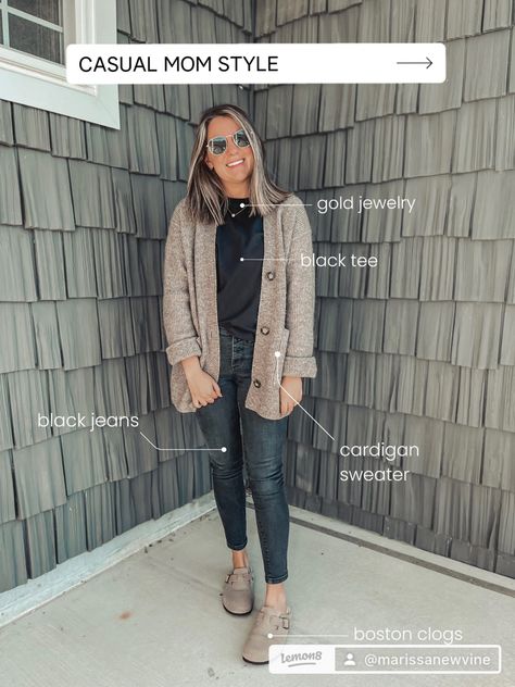 Birkenstock Boston Clog Outfit Winter, Birkenstock Outfit Teacher, Cardigan And Clogs Outfit, Birkenstock Clogs Outfit Teacher, Boston Clog Outfit Fall, Outfits With Birkenstock Clogs Fall, Womens Boston Clogs Outfits, Black Crop Jeans Outfit Winter, Birkenstock Clogs Outfit Fall 2023