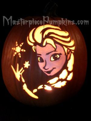 "Princess Elsa" - from the "Frozen" movie. Carving pattern available from our "Famous Faces" Carving Patterns page. Princess Pumpkin Carving Ideas, Pumpkin Carving Ideas Princess, Pumpkin Carving Ideas Frozen, Princess Pumpkin Carving, Pumkin Carving Frozen, Elsa Pumpkin Carving, Pumpkin Carving Ideas Repunzel, Disney Princess Pumpkin Carving Stencils, Pumpkin Carving Princess