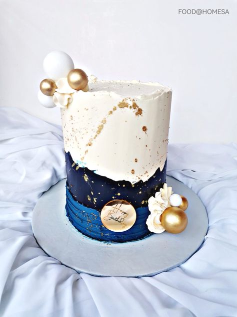 Blue White And Gold Cake For Men, Gold Fault Line Cake, Navy And Gold Cake, Floral Cake Birthday, Navy Cakes, Gold And White Cake, Fault Line Cake, Cake Design For Men, Blue Birthday Cakes