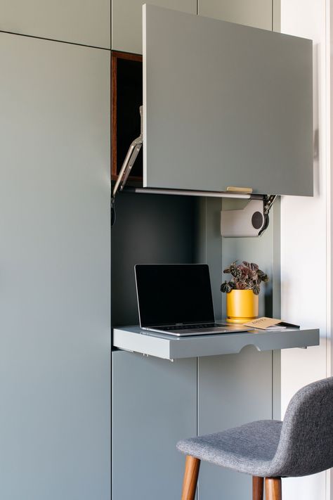 Photographer:Dustin Halleck and Margaret Rajic Hidden Computer Desk, Hidden Computer, Sunroom Extension, Workspace Diy, Small Condo Decorating, Modern Mudroom, Closet Redesign, Hidden Desk, Chicago Interiors