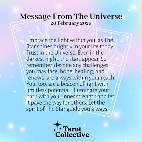 Today's guidance from The Star tarot card shines bright, reminding you to keep hope and faith alive. It's a sign to trust in the universe and continue towards your dreams and goals. Explore more about what The Star card signifies and its advice for your daily life in this enlightening read. An abundance of inspiration awaits you at https://tarot-collective.com/tarot-readings/daily-tarot-reading/. Follow the stars; embrace hope. 🌟 #Tarot #DailyTarotReading #TheStarTarotMessage The Star Tarot Card, Star Tarot Card, Tarot Messages, The Star Tarot, Message From The Universe, Trust In The Universe, Daily Tarot Reading, Daily Tarot, Dreams And Goals