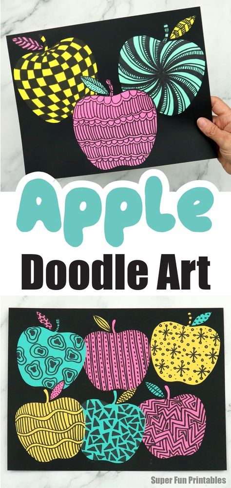 apple doodle art – patterned coloured apples on a black background 3rd Grade September Art Projects, Apple Themed Art Projects, Grade 1 Art Ideas September, Apple Collage Art, Grade 2 September Art, September Art Ideas For Kids, 2nd Grade September Art, September Projects For Kids, Fifth Grade Fall Art Projects