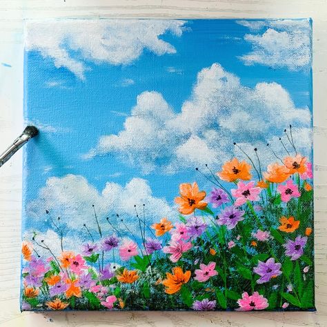 Acrylic painting on canvas with bright blue sky and colourful spring flowers. Painting Of A Field Of Flowers, Flower Paiting Aesthetic, Landscape Paintings Flower Field, Sky With Flowers Painting, Natural Painting Easy, Flower Meadow Painting Easy, Painting Ideas On Canvas Flower Field, Canvas Art Painting Flowers, Land Scape Acrylic Painting