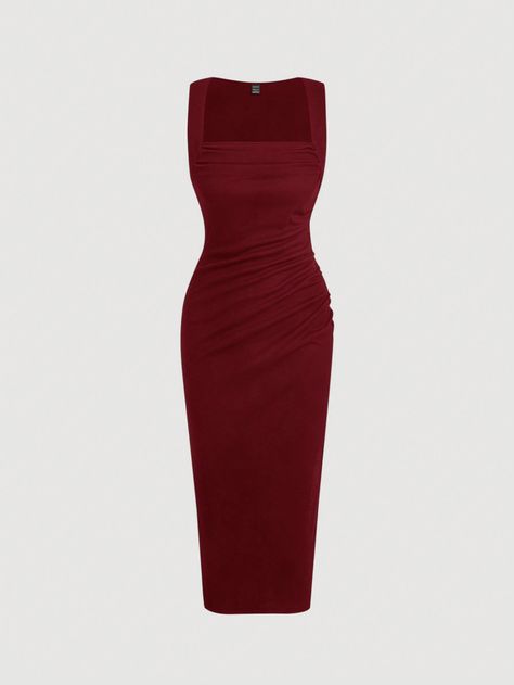 Burgundy Elegant Collar Sleeveless Knitted Fabric Plain Bodycon,Tank Embellished Slight Stretch  Women Clothing Red Bodycon Dress Classy, Body Fitted Dress, Red Wine Dress, Mom Dr, Wine Red Dress, Wine Dress, Red Bodycon Dress, Shein Dress, Aesthetic Themes