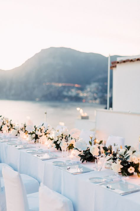 A Clifftop Wedding in Praiano - Style Guide The Lane Rooftop Beach Wedding, Italy Coast Wedding, Positano Wedding Decor, Beach Wedding Inspiration Receptions, Amalfi Coast Wedding Venues, Rooftop Wedding Decor, Italy Wedding Reception Amalfi Coast, Ocean View Wedding Reception, Wedding Reception Styling