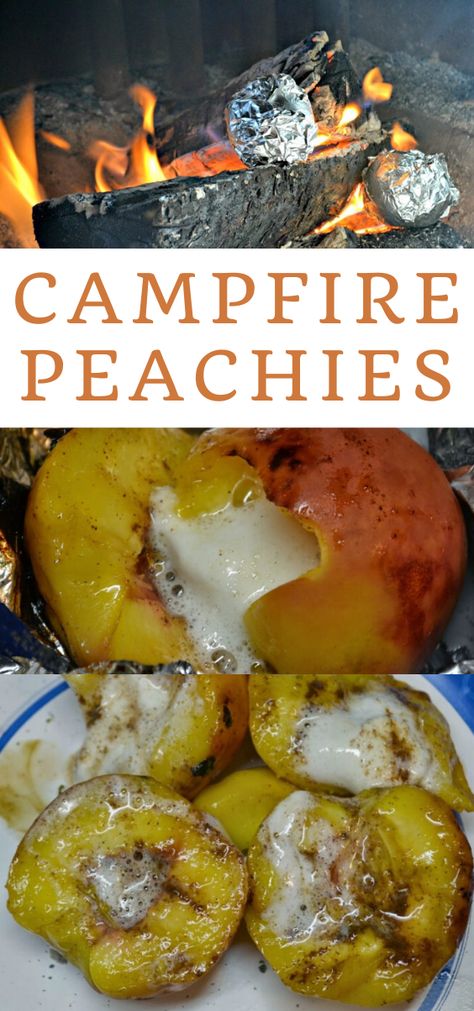 Campfire Deserts Camping, Foods To Cook Over A Campfire, Fast Camping Meals, Campfire Peach Crisp, Apple Campfire Desserts, Easiest Camping Food, Camping Desert Ideas, Campfire Roasting Ideas, Best Camping Desserts