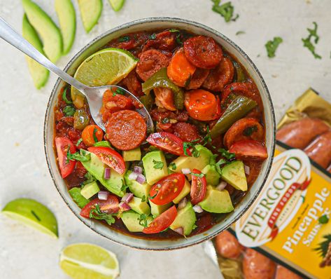 Pineapple Sausage and Hot Link Chili - Evergood Foods Sausage Bowl, Pineapple Sausage, Hot Link, Cajun Rice, Pineapple Water, Roasted Cashews, Spicy Shrimp, Frozen Veggies, Bulgogi