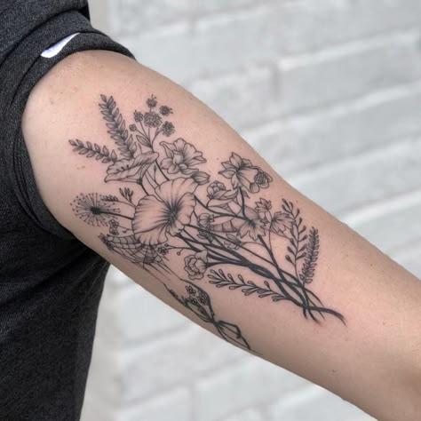 Wildflower Bundle Tattoo, Floral Patchwork Sleeve Tattoo, Wildflower Half Sleeve Tattoo, Wildflower Tattoo Sleeve, Wildflower Sleeve Tattoo, Floral Filler Tattoo Ideas, Wildflower Sleeve, Wild Flowers Tattoo, Garden Sleeve Tattoo